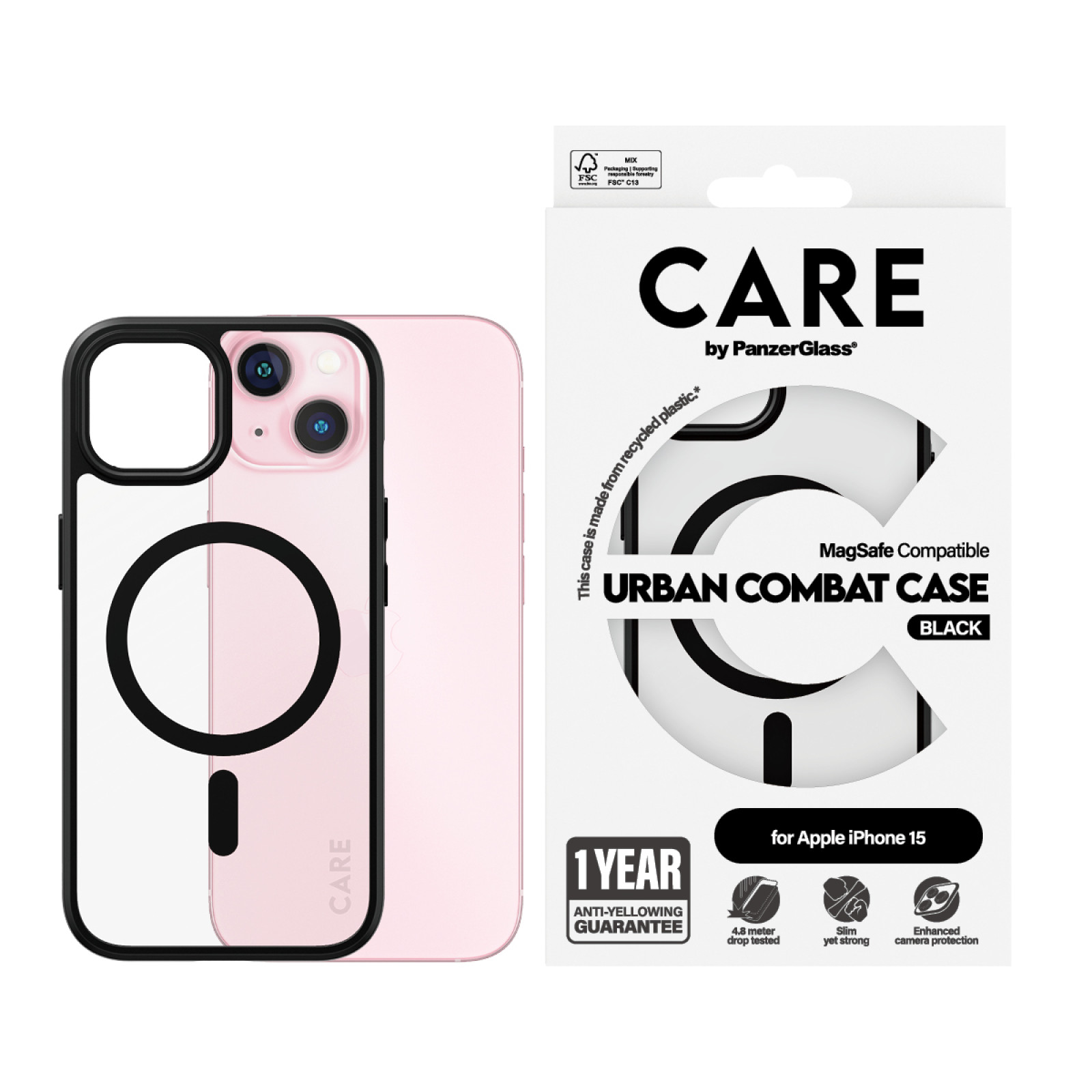 Гръб CARE by PanzerGlass за iPhone 15 Flagship MagSafe - Черна рамка