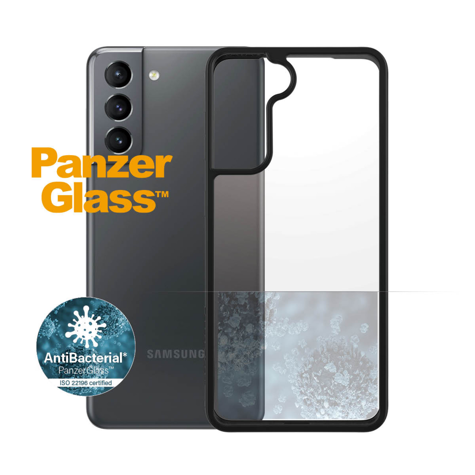 Гръб PanzerGlass за Samsung Galaxy S21 AntiBacterial - Черна рамка, 118277