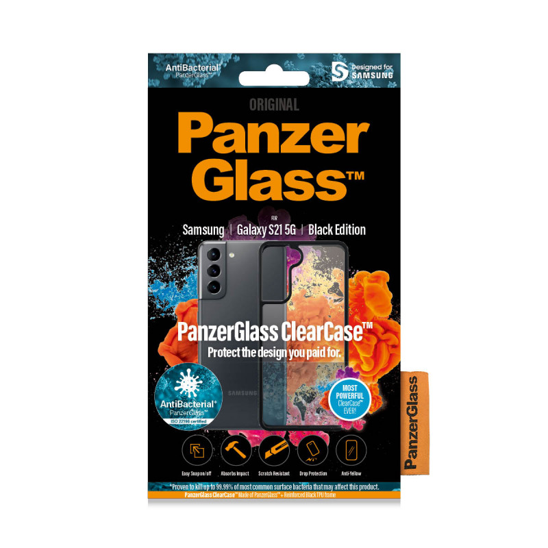 Гръб PanzerGlass за Samsung Galaxy S21 AntiBacterial - Черна рамка, 118277