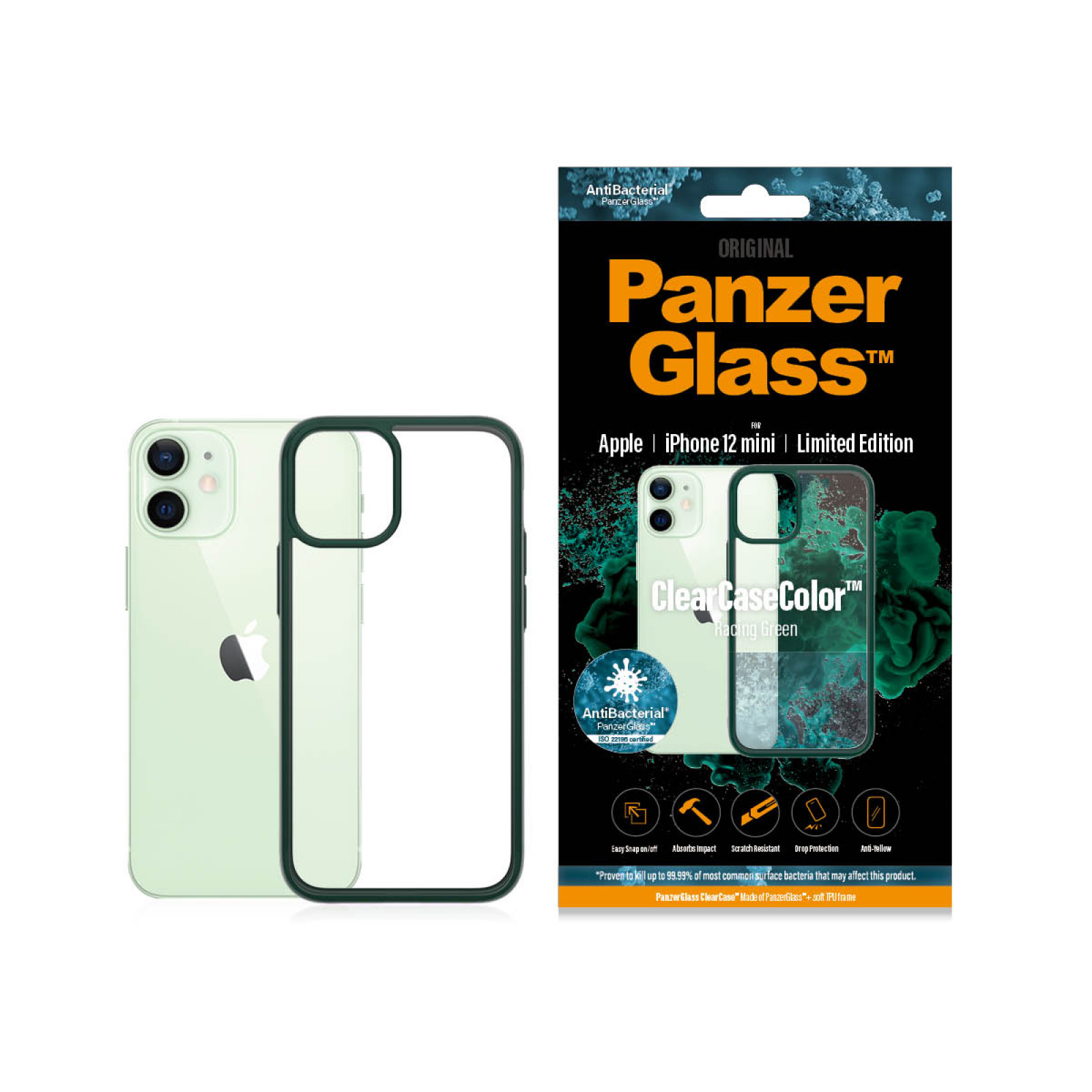 Гръб PanzerGlass за IPhone 12 mini, ClearCase - Зелена рамка