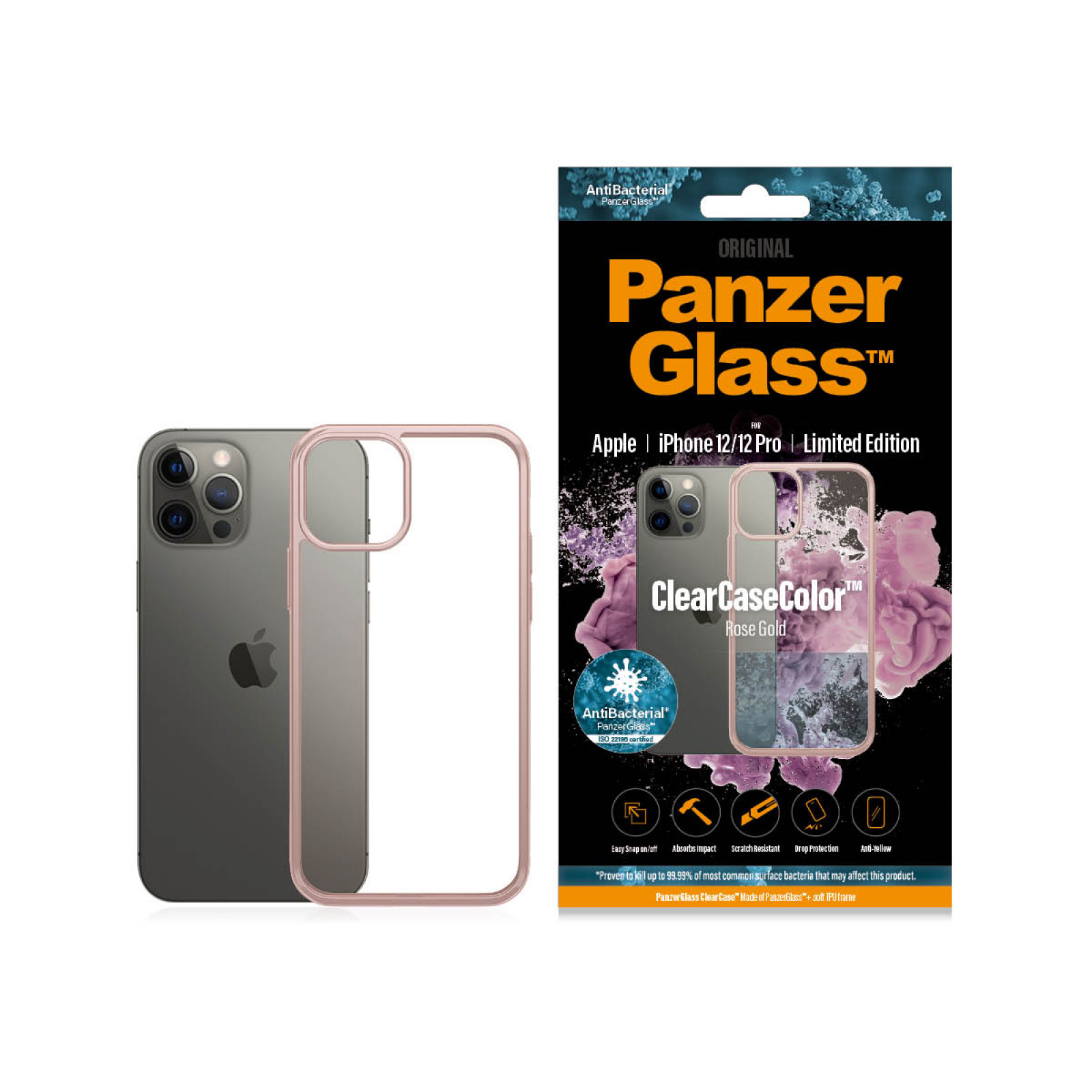 Гръб PanzerGlass за IPhone 12 / 12 Pro, ClearCase - Rose Gold рамка