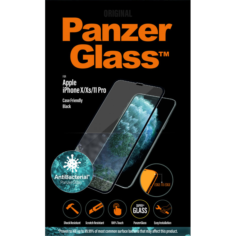 Стъклен протектор PanzerGlass за Apple iPhone X/Xs/11 Pro Case Friendly AntiBacterial Черен