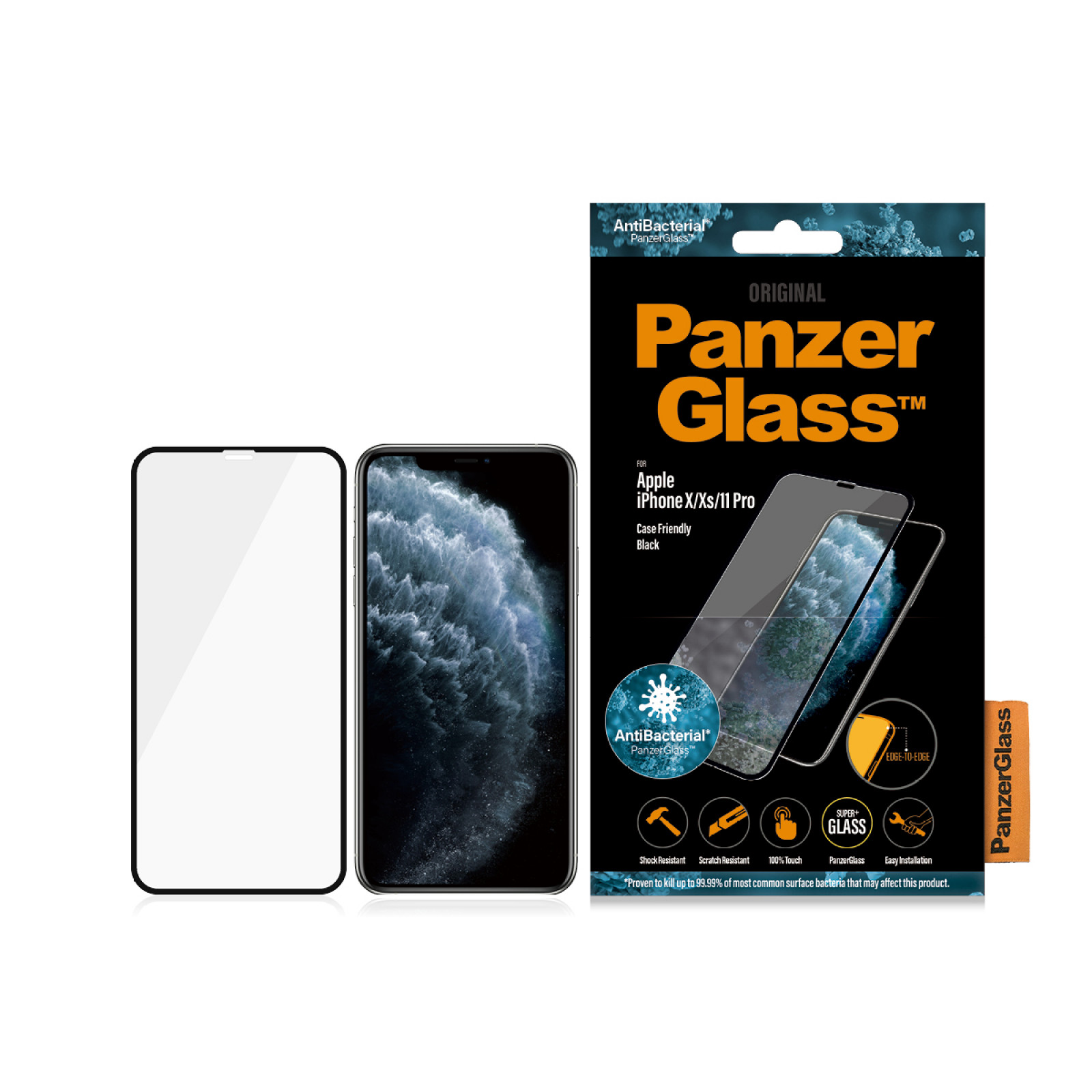 Стъклен протектор PanzerGlass за Apple iPhone X/Xs/11 Pro Case Friendly AntiBacterial Черен
