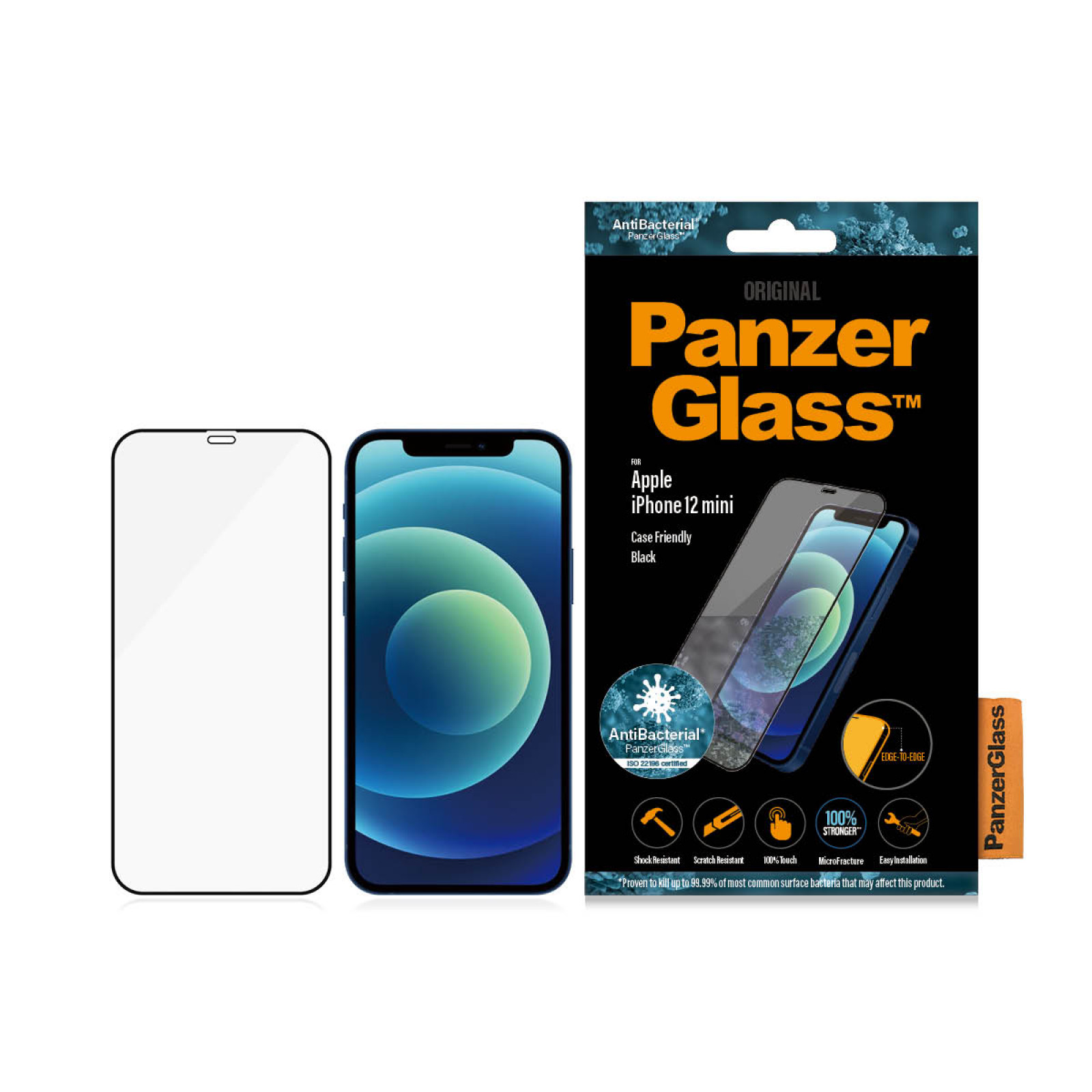 Стъклен протектор PanzerGlass за Apple iPhone 12 Mini Case Friendly AntiBacterial Черен