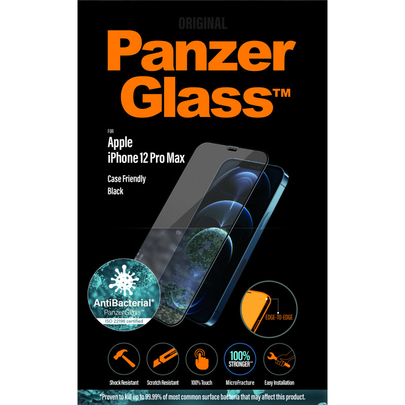 Стъклен протектор PanzerGlass за Apple iPhone 12 Pro Max Case Friendly AntiBacterial Черен