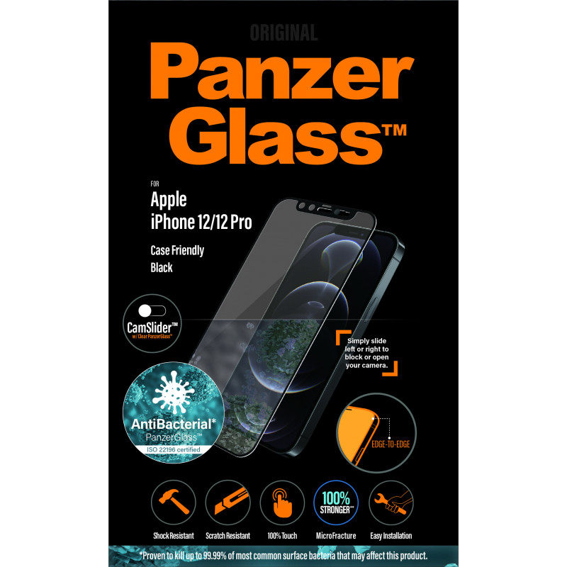 Стъклен протектор PanzerGlass за Apple iPhone 12/iPhone 12 Pro AntiBacterial CamSlider Черен