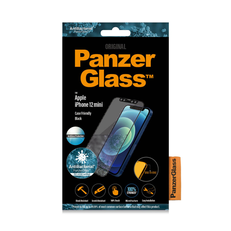 Стъклен протектор PanzerGlass за Apple iPhone 12 Mini Case Friendly AntiBacterial AntiGlare Черен