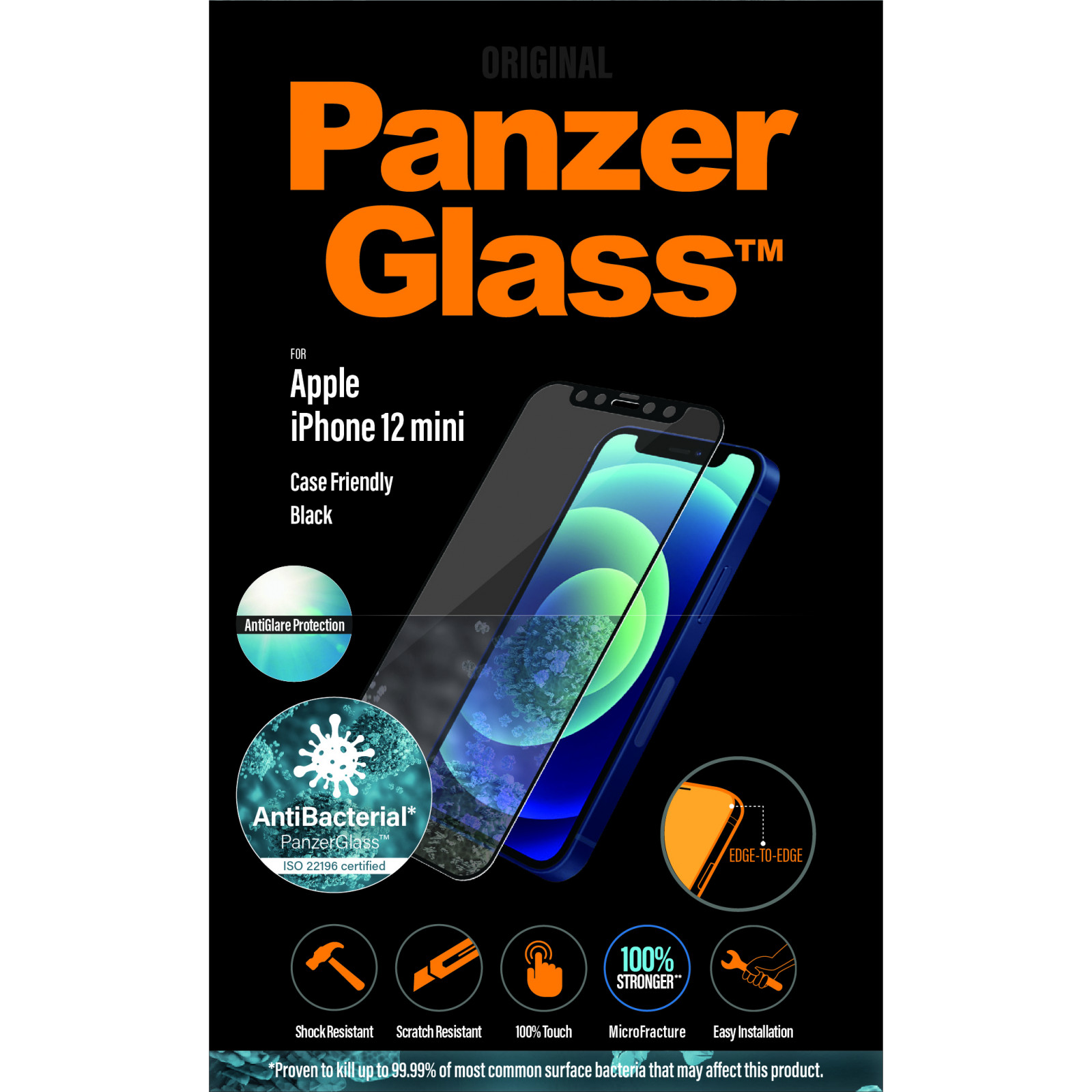 Стъклен протектор PanzerGlass за Apple iPhone 12 Mini Case Friendly AntiBacterial AntiGlare Черен