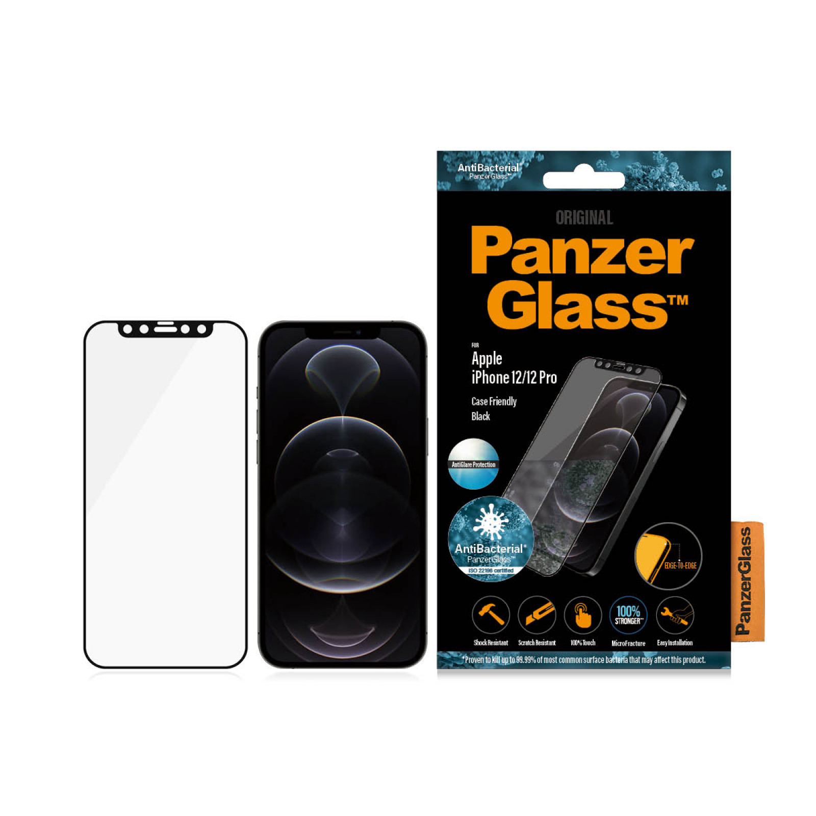 Стъклен протектор PanzerGlass за Apple iPhone 12/iPhone 12 Pro Case Friendly AntiBacterial Черен