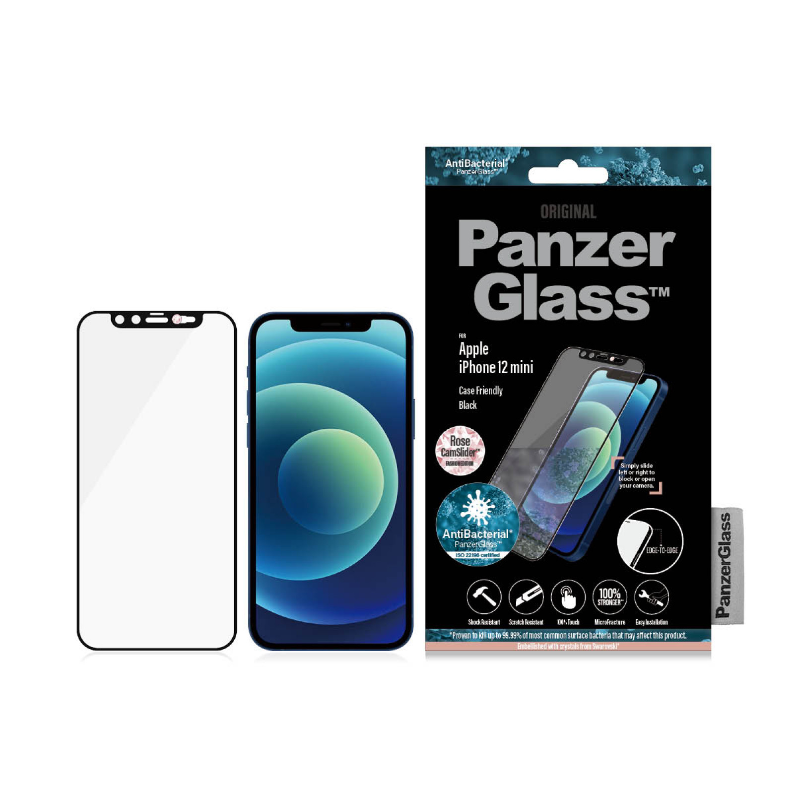 Стъклен протектор PanzerGlass за Iphone 12 mini, CaseFriendly, CamSlaider, Swarovski Rose Edition