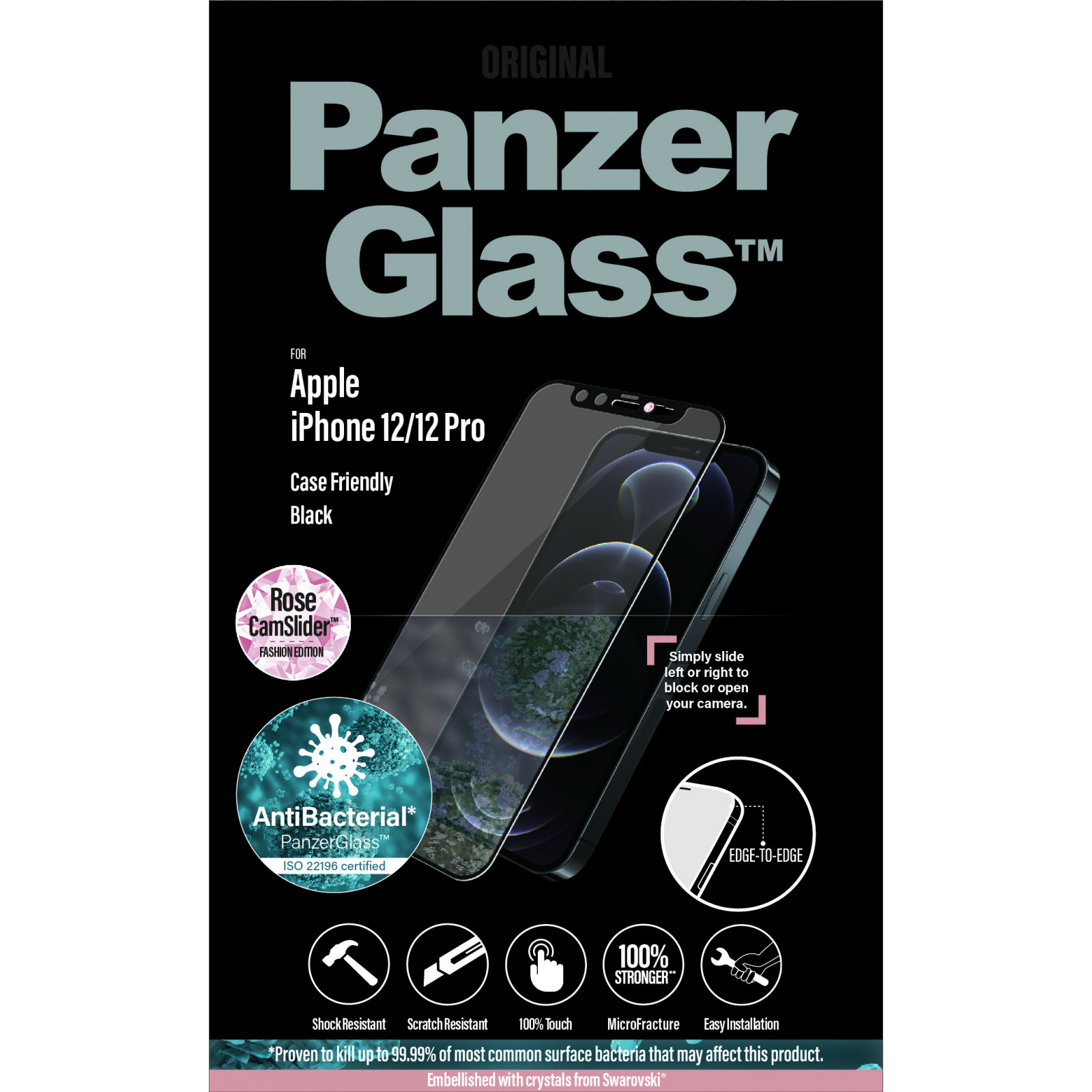Стъклен протектор PanzerGlass за Iphone 12 /12 Pro, CaseFriendly, CamSlaider, Swarovski Rose Edition