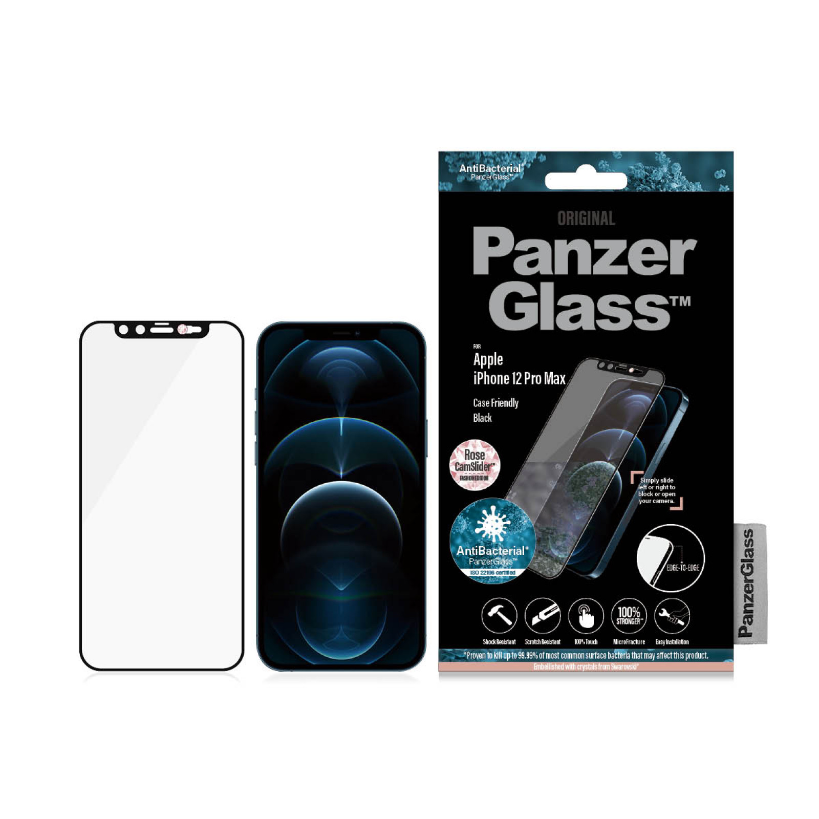 Стъклен протектор PanzerGlass за Iphone 12 Pro Max, CaseFriendly, CamSlaider, Swarovski Rose Edition