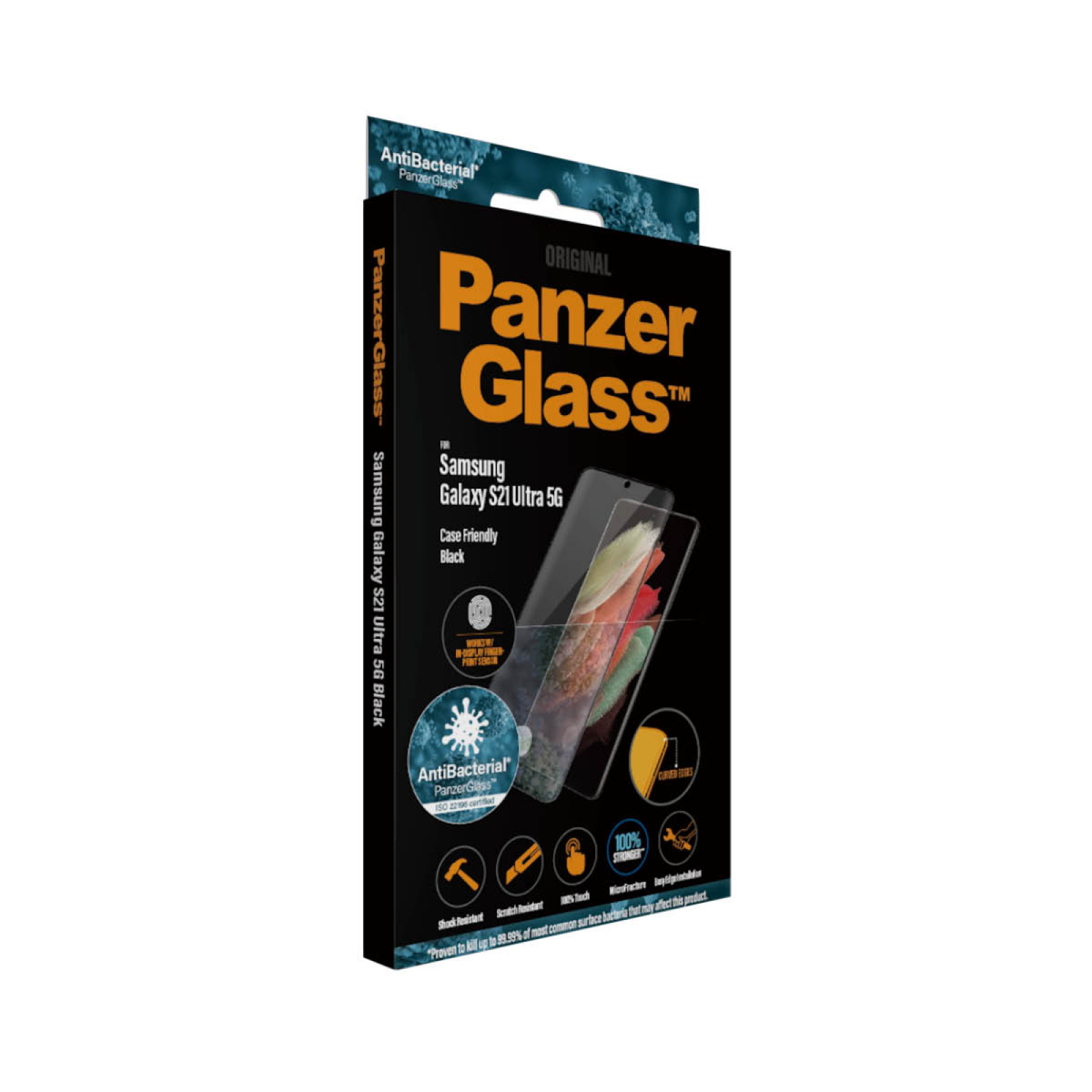 Стъклен протектор PanzerGlass за Samsung Galaxy S21 Ultra Case Friendly FingerPrint AntiBacterial Черен