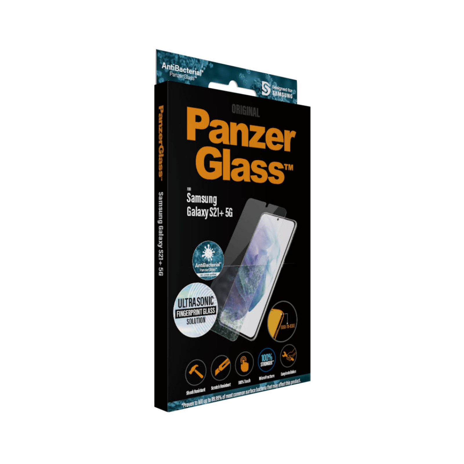 Стъклен протектор  Samsung Galaxy S21 Plus PanzerGlass, Ultrasonic FingerPrint, AntiBacterial - Черен