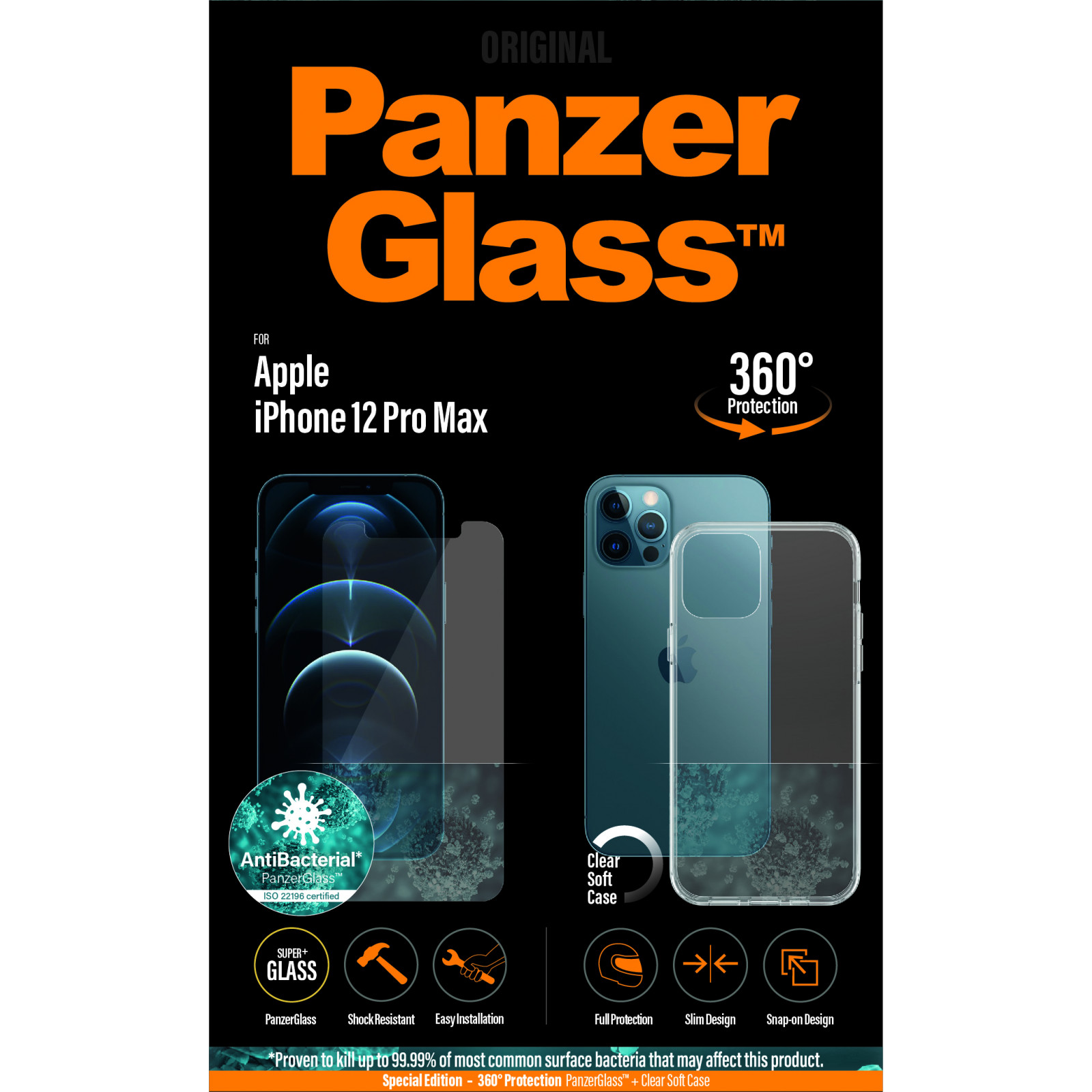 Стъклен протектор + Гръб Iphone 12  Pro Max PanzerGlass, Antibacterial