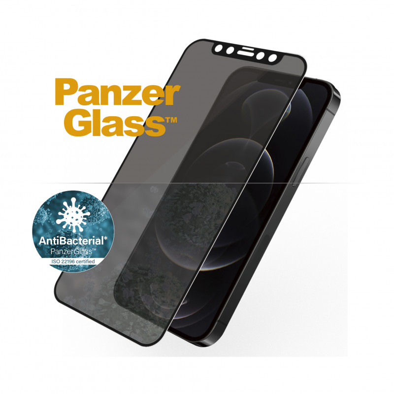 Стъклен протектор PanzerGlass за Apple iPhone 12/iPhone 12 Pro Case Friendly AntiBacterial Privacy Черен