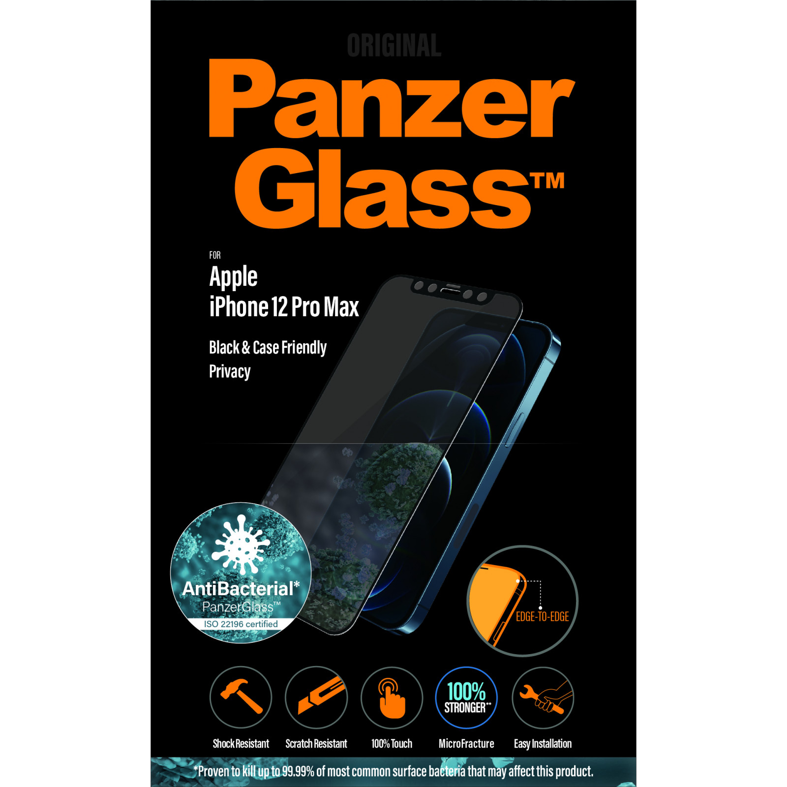 Стъклен протектор Iphone 12 Pro Max 6.7 PanzerGlass CaseFriendly AntiBacterial Privacy- Черен, 117941