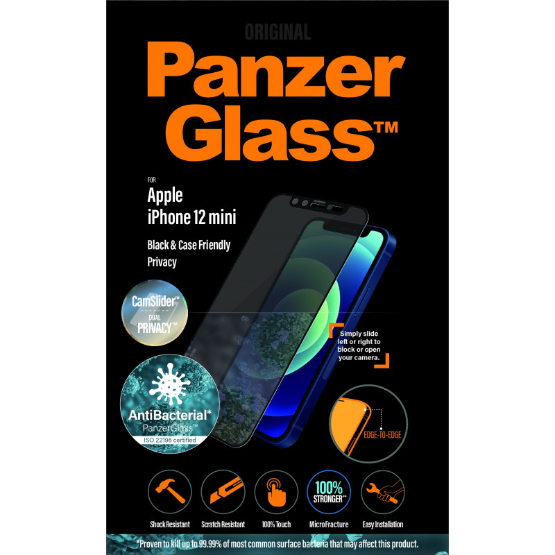 Стъклен протектор PanzerGlass за Apple iPhone 12 Mini AntiBacterial Privacy CamSlider Черен