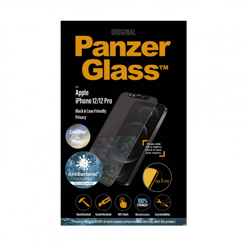 Стъклен протектор PanzerGlass за Apple iPhone 12/iPhone 12 Pro AntiBacterial Privacy CamSlider Черен