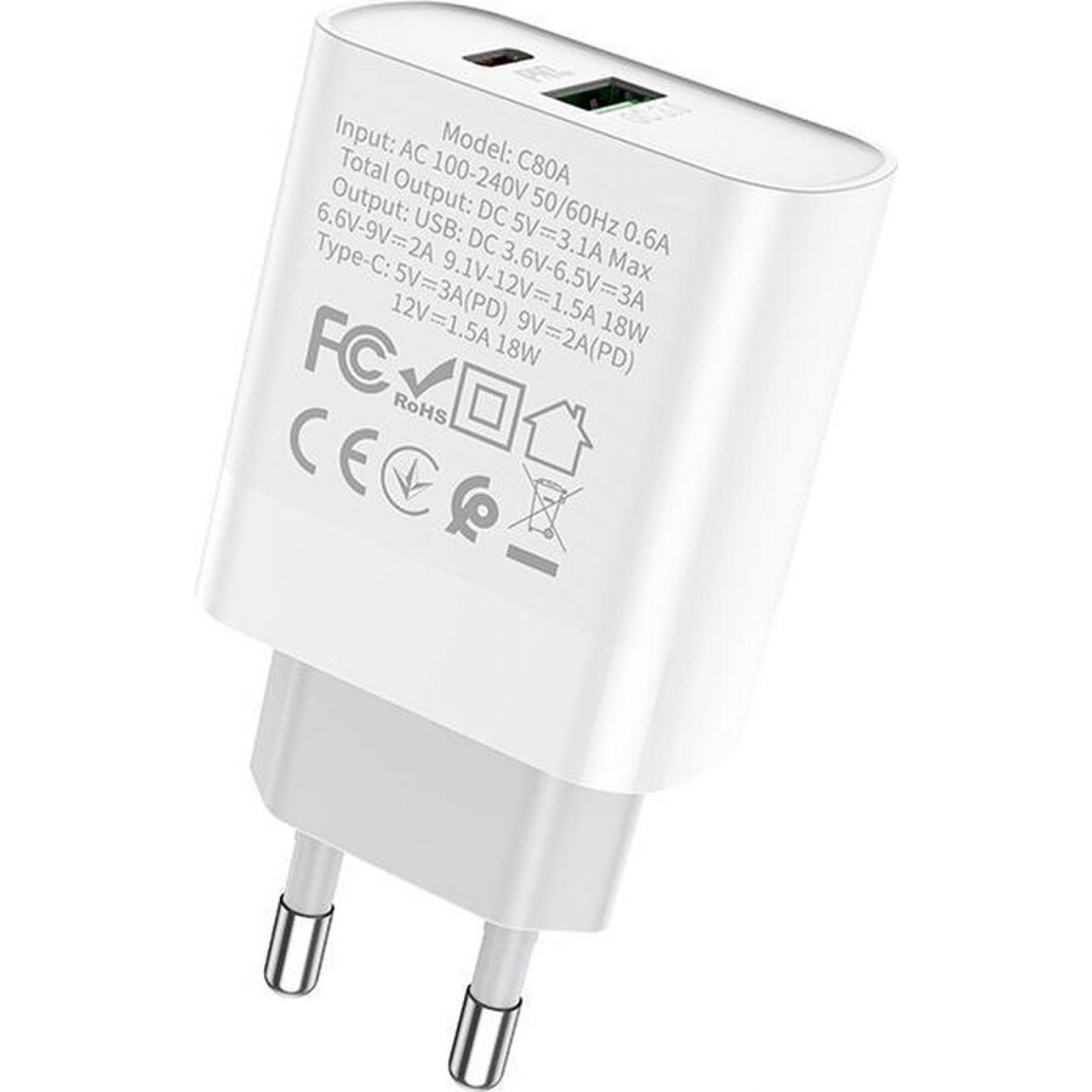 Адаптер 220V C80A Rapido PD+QC3.0 charger(EU) - Бял
