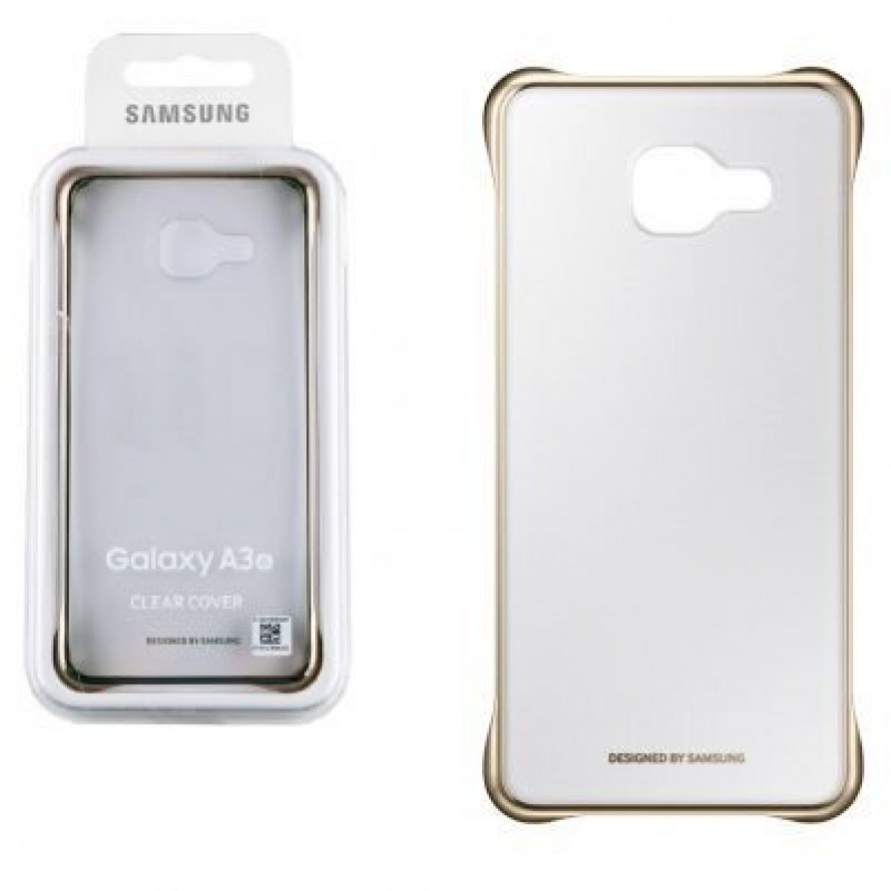 Оригинален твърд гръб за Samsung A3 2016 - Прозрачен с златиста рамка