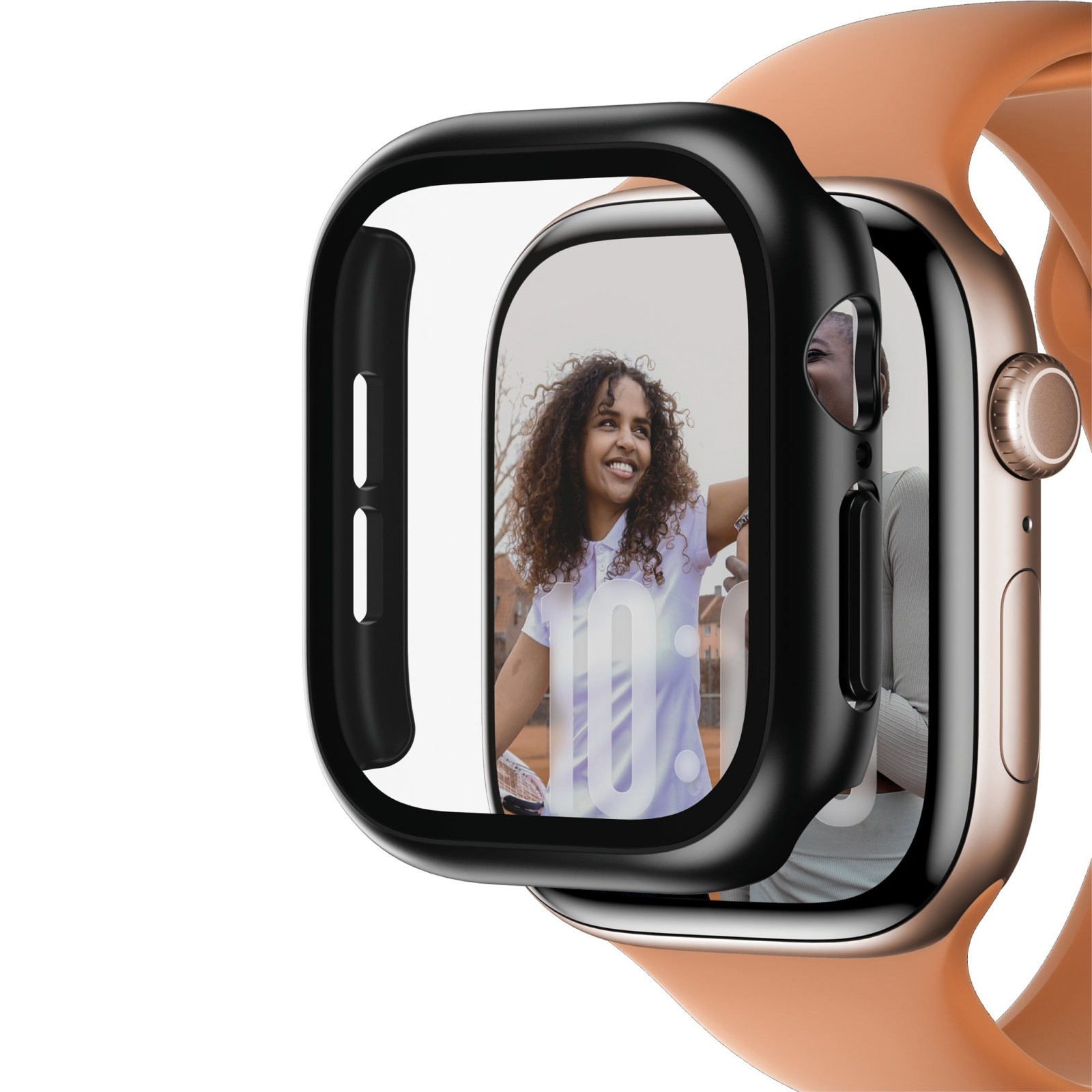 Стъклен протектор за часовник със силиконова рамка PanzerGlass Black Squad за Apple Watch Series 12, 42mm - Черна рамка