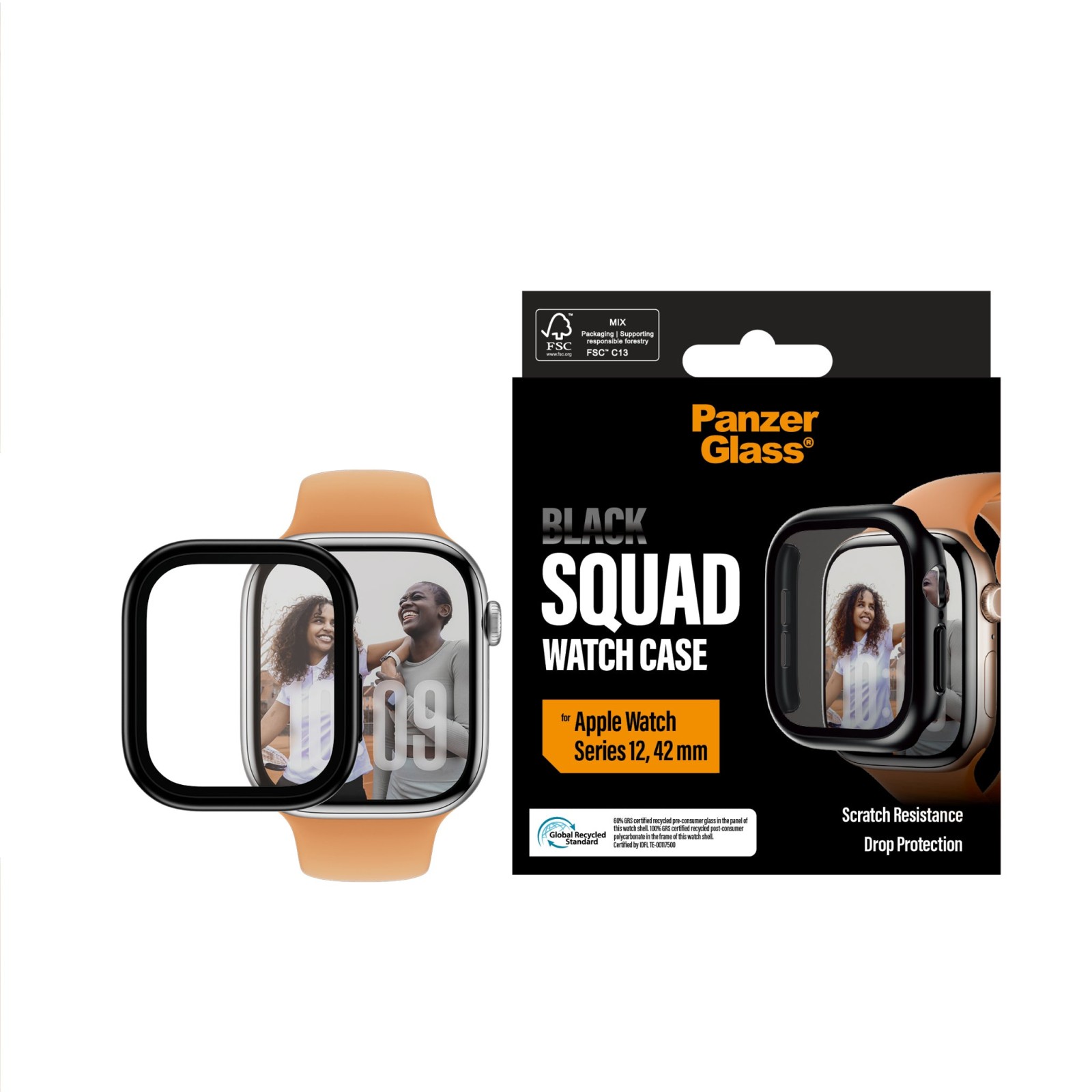 Стъклен протектор за часовник със силиконова рамка PanzerGlass Black Squad за Apple Watch Series 12, 42mm - Черна рамка