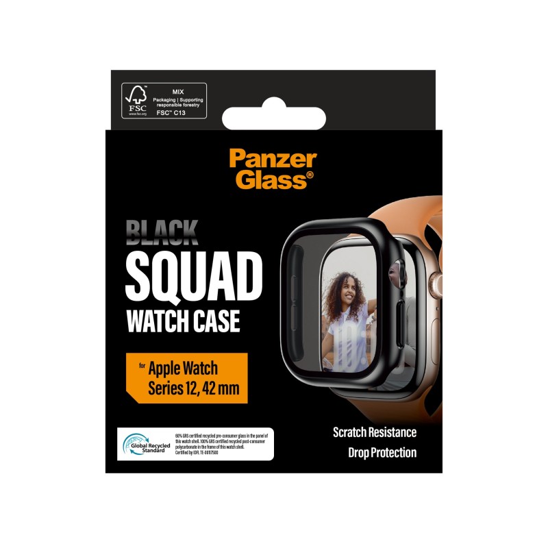 Стъклен протектор за часовник със силиконова рамка PanzerGlass Black Squad за Apple Watch Series 12, 42mm - Черна рамка