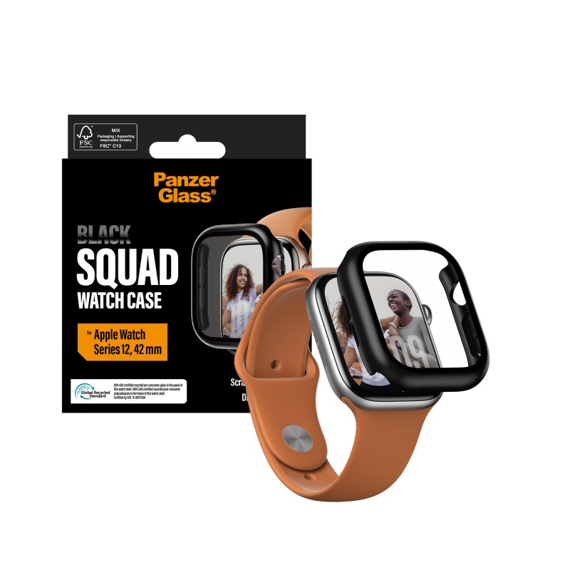 Стъклен протектор за часовник със силиконова рамка PanzerGlass Black Squad за Apple Watch Series 12, 42mm - Черна рамка