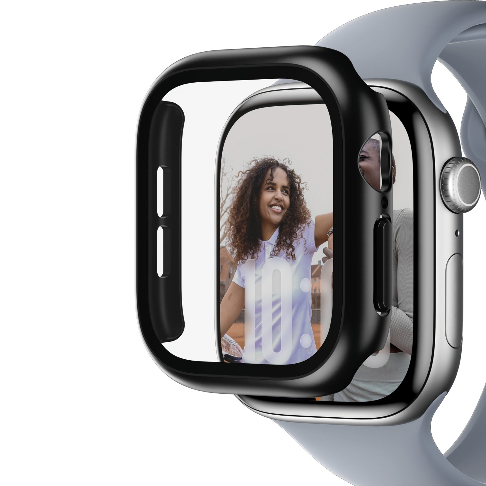Стъклен протектор за часовник със силиконова рамка PanzerGlass Black Squad за Apple Watch Series 12, 46mm - Черна рамка