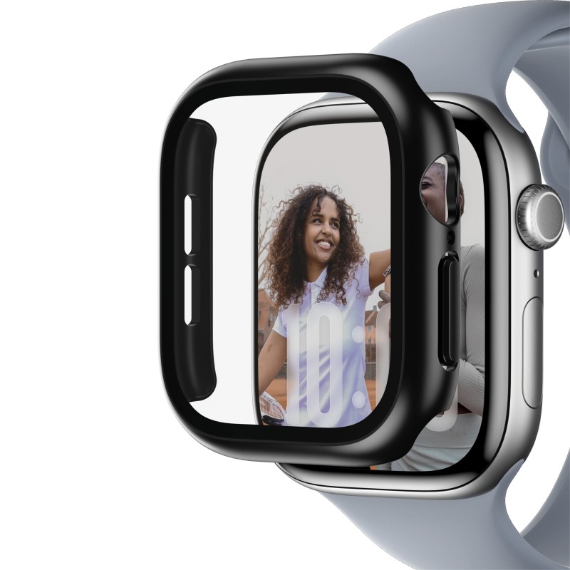 Стъклен протектор за часовник със силиконова рамка PanzerGlass Black Squad за Apple Watch Series 12, 46mm - Черна рамка