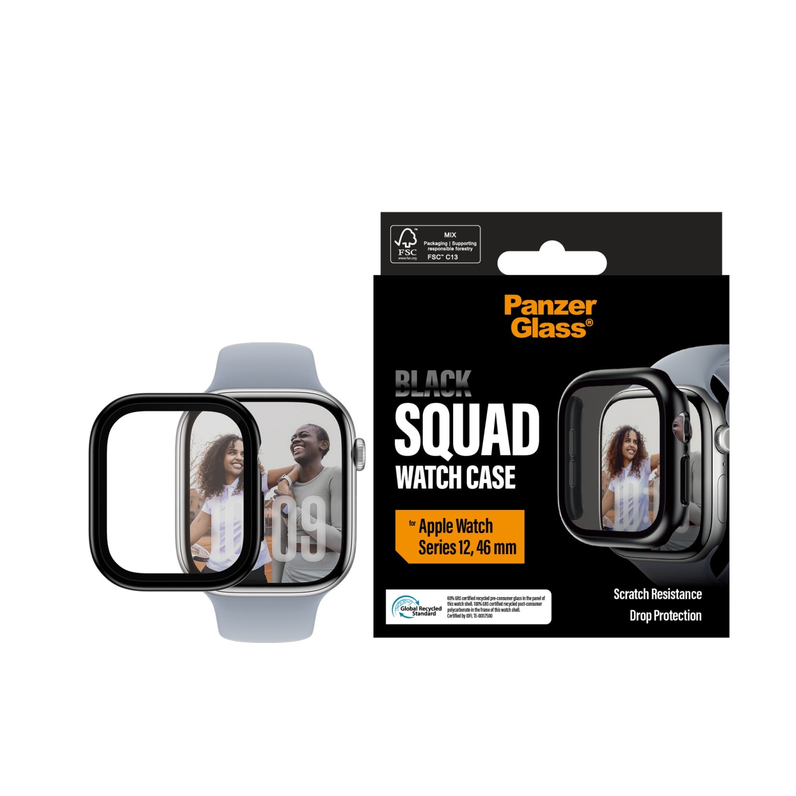 Стъклен протектор за часовник със силиконова рамка PanzerGlass Black Squad за Apple Watch Series 12, 46mm - Черна рамка
