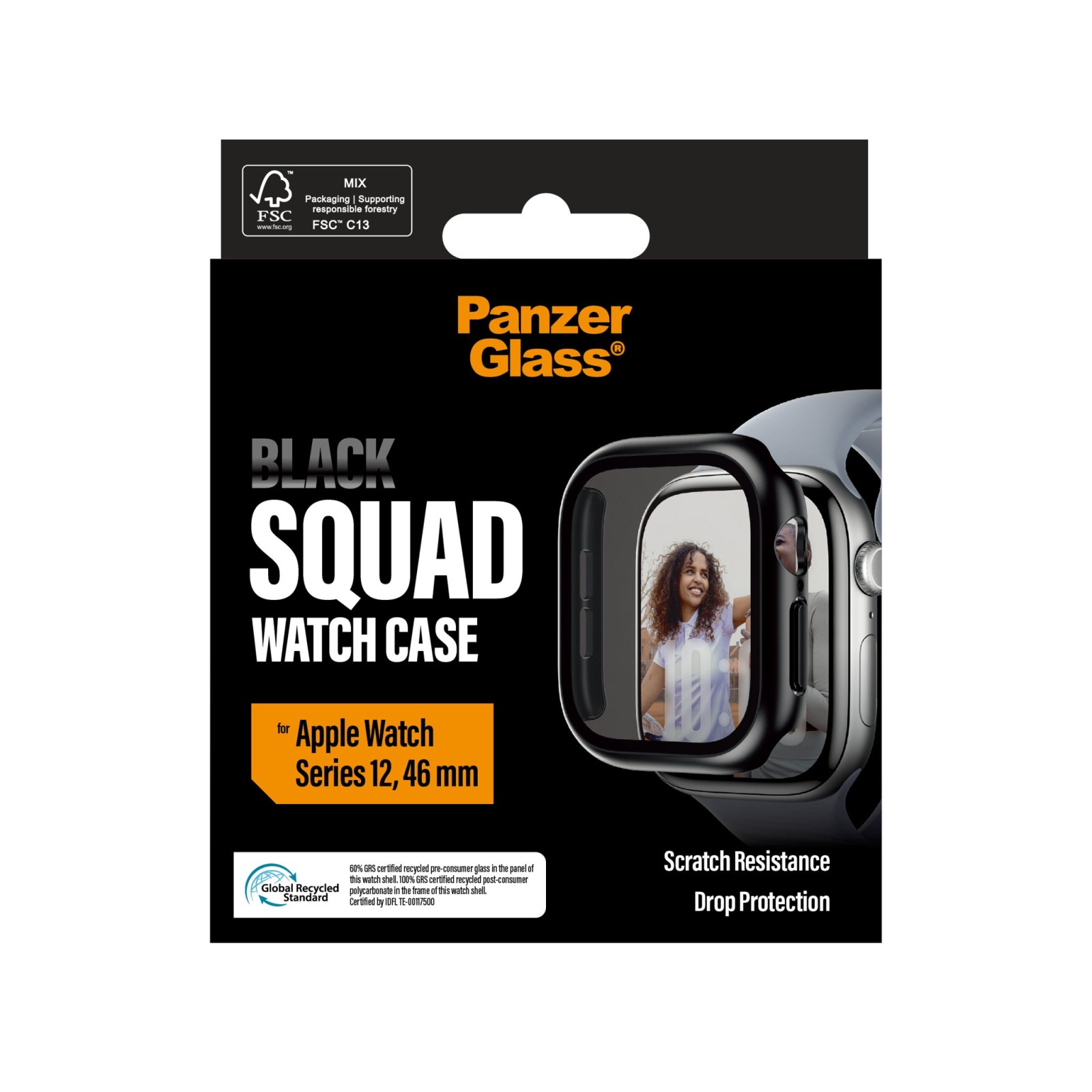 Стъклен протектор за часовник със силиконова рамка PanzerGlass Black Squad за Apple Watch Series 12, 46mm - Черна рамка