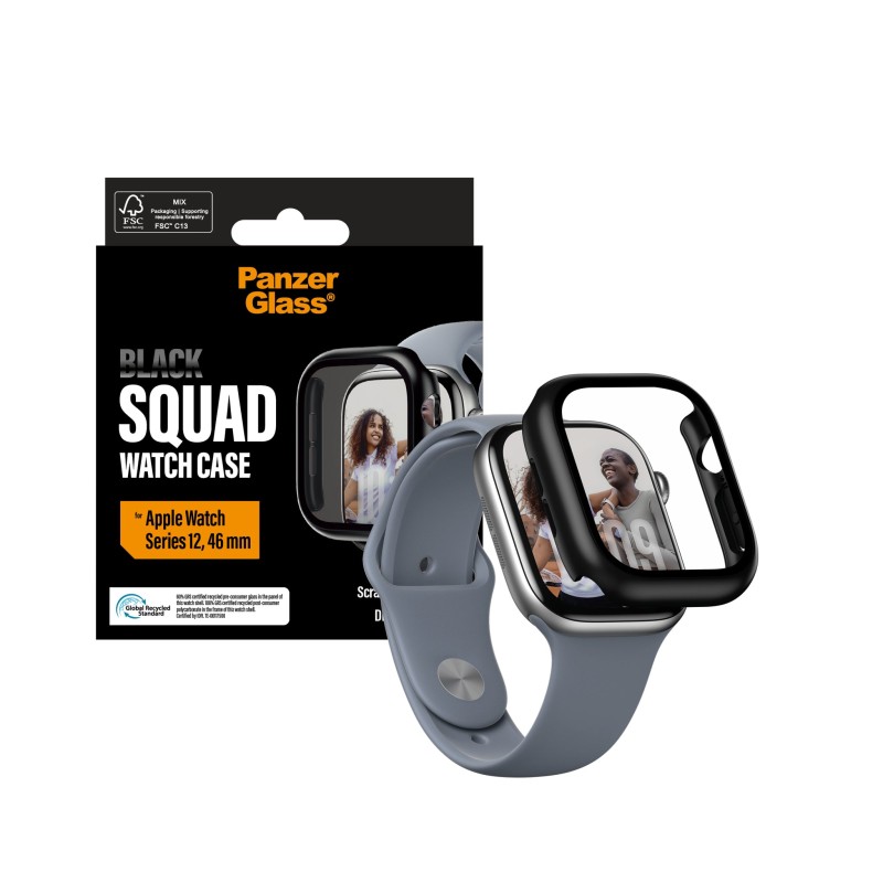 Стъклен протектор за часовник със силиконова рамка PanzerGlass Black Squad за Apple Watch Series 12, 46mm - Черна рамка