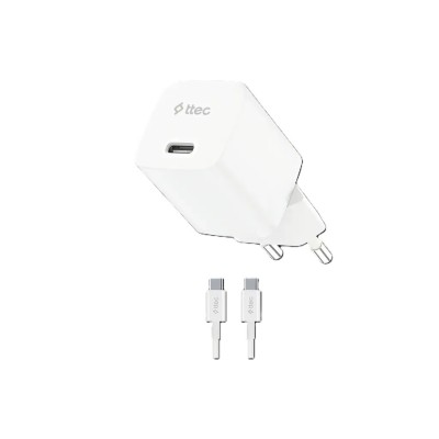 Зарядно 220V ttec SmartCharger GAN 30W PD Travel Fast Charger + USB-C - USB-C 60W Cable - Бяло
