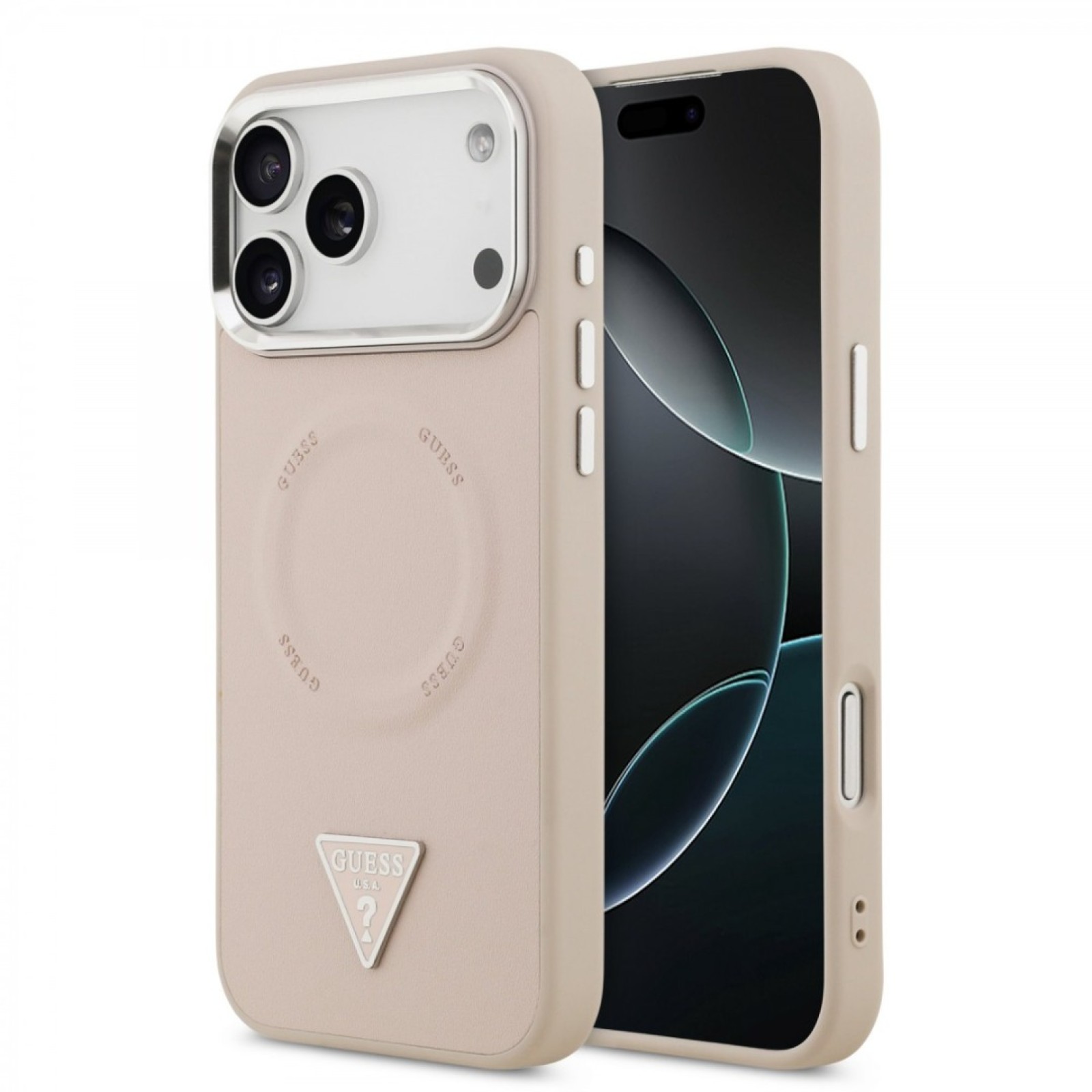 Гръб Guess PU Leather Triangle Logo MagSafe Case за iPhone 17 Pro / 18 Pro - Розов | Phoneplay.bg