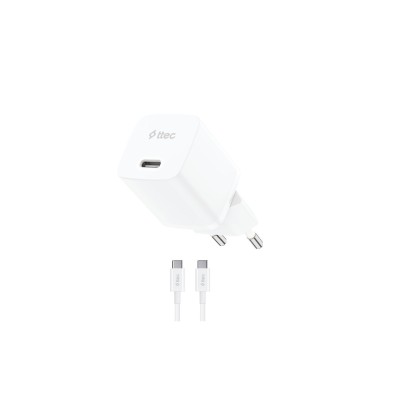 Зарядно ttec, SmartCharger, GAN, 20W, PD, Travel Fast Charger + USB-C - USB-C 60W Cable, Бяло