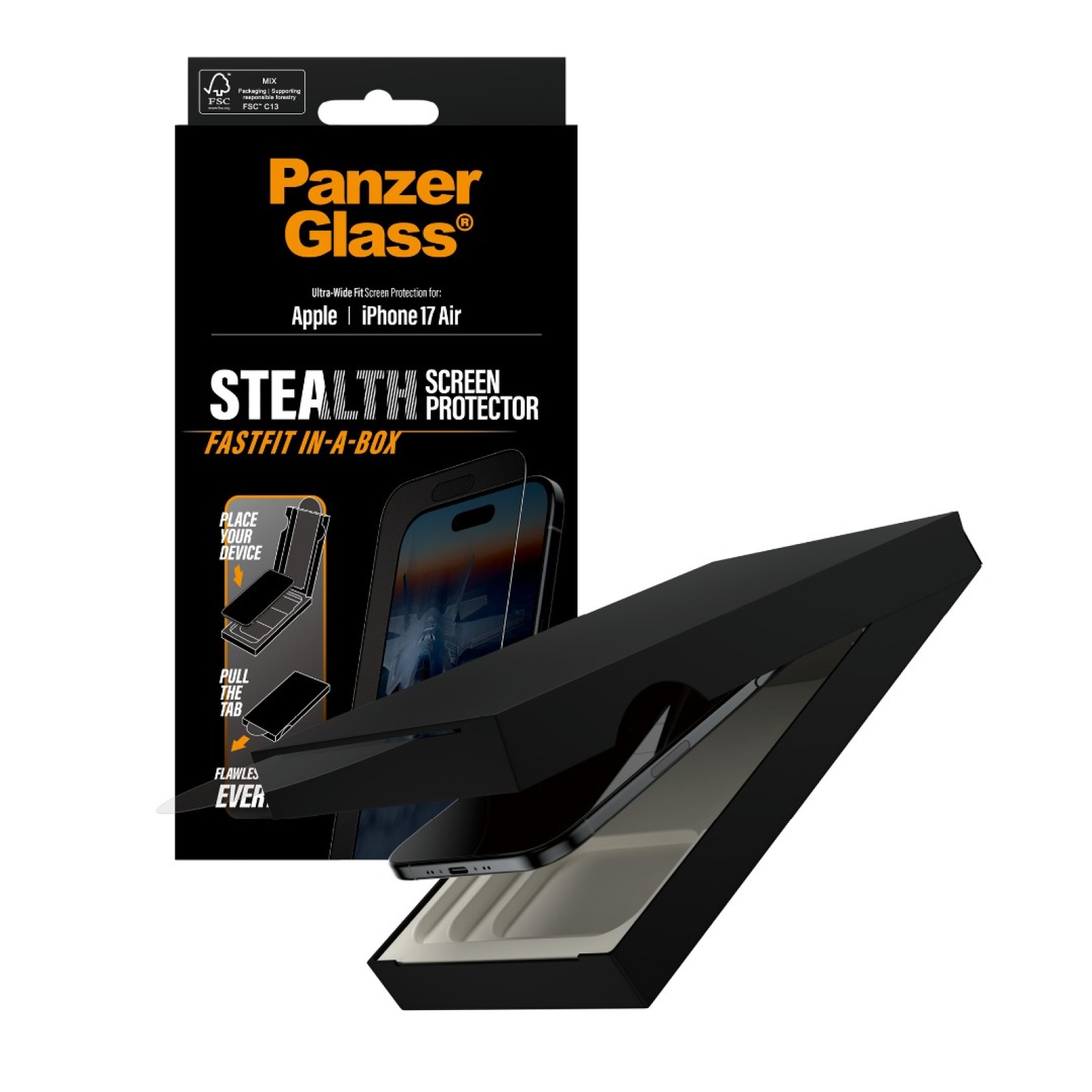 Стъклен протектор PanzerGlass за iPhone 17 Air, Stealth, UWF, инсталационен бокс, w. Black Frame - Протектор за iPhone 17 | Phoneplay.bg