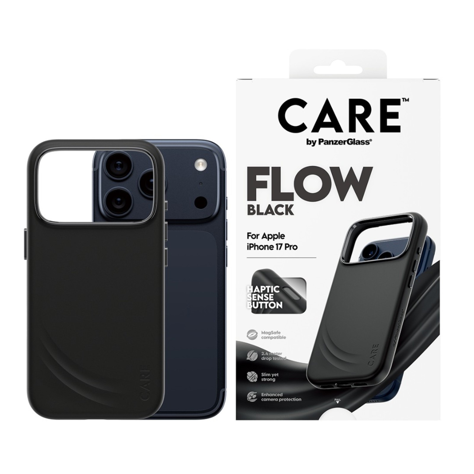 Гръб Care by PanzerGlass за iPhone 17 Pro / 18 Pro, FLOW Case w haptic button - Черен | Phoneplay.bg