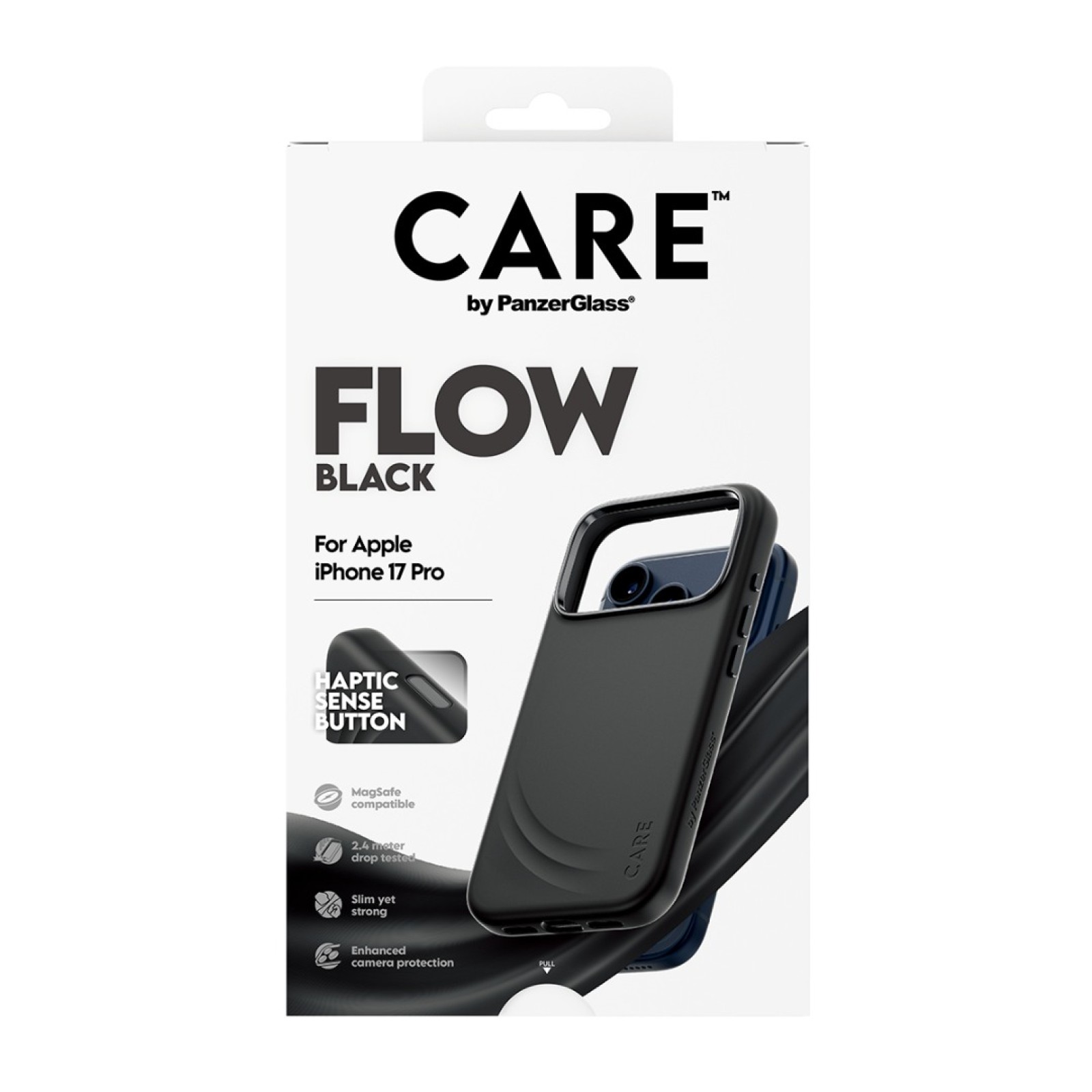 Гръб Care by PanzerGlass за iPhone 17 Pro / 18 Pro, FLOW Case w haptic button - Черен | Phoneplay.bg