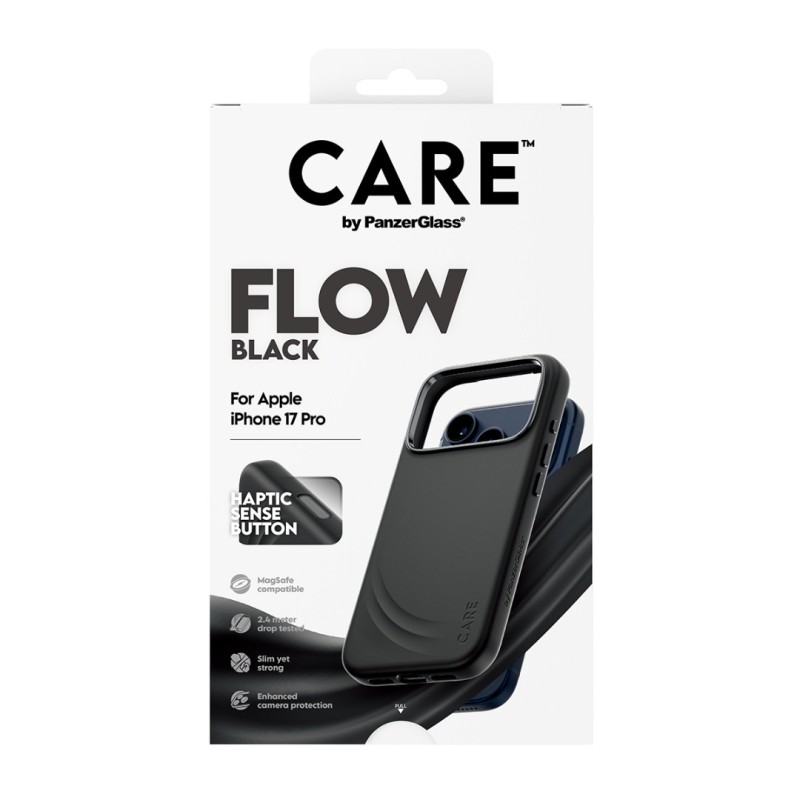Гръб Care by PanzerGlass за iPhone 17 Pro / 18 Pro, FLOW Case w haptic button - Черен | Phoneplay.bg