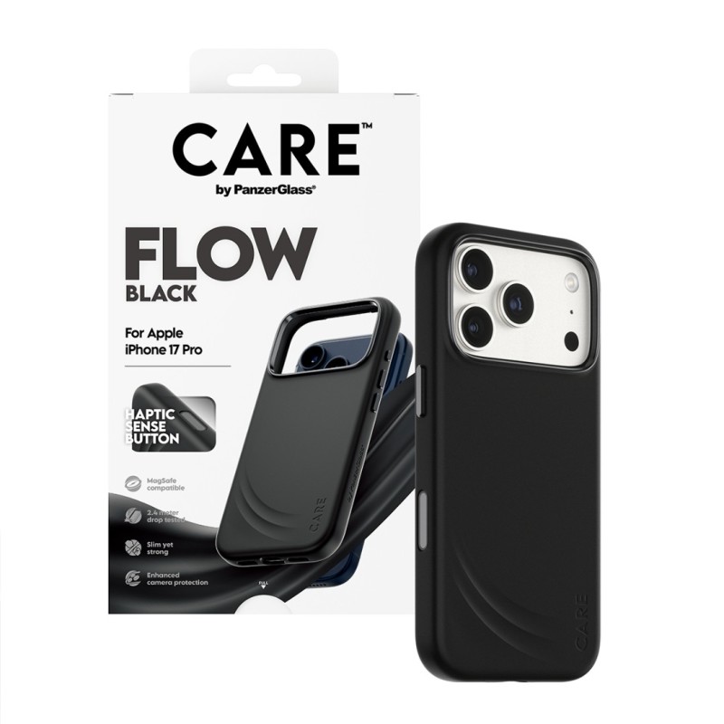 Гръб Care by PanzerGlass за iPhone 17 Pro / 18 Pro, FLOW Case w haptic button - Черен | Phoneplay.bg