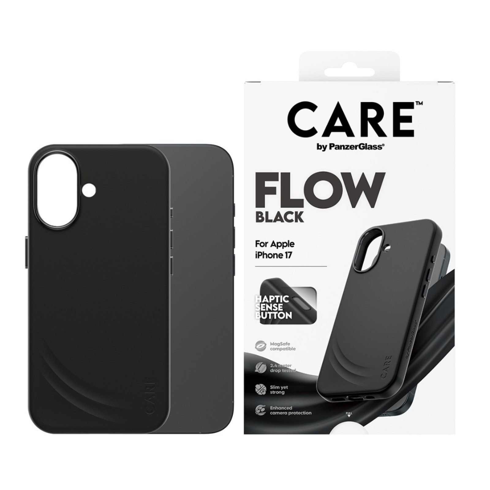 Гръб Care by PanzerGlass за iPhone 17, FLOW Case w haptic button - Черен - Калъфи за iPhone 17 | Phoneplay.bg