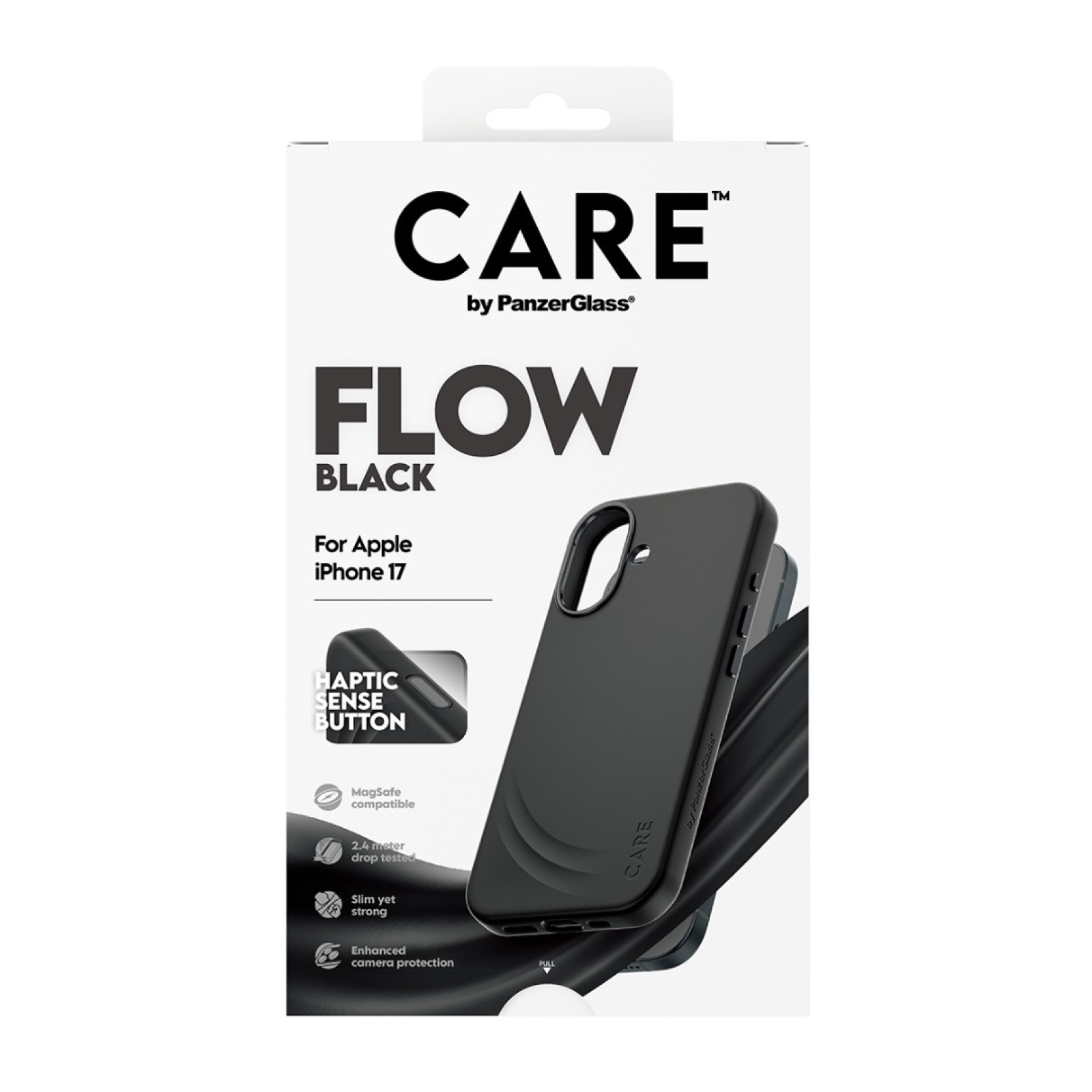 Гръб Care by PanzerGlass за iPhone 17, FLOW Case w haptic button - Черен - Калъфи за iPhone 17 | Phoneplay.bg
