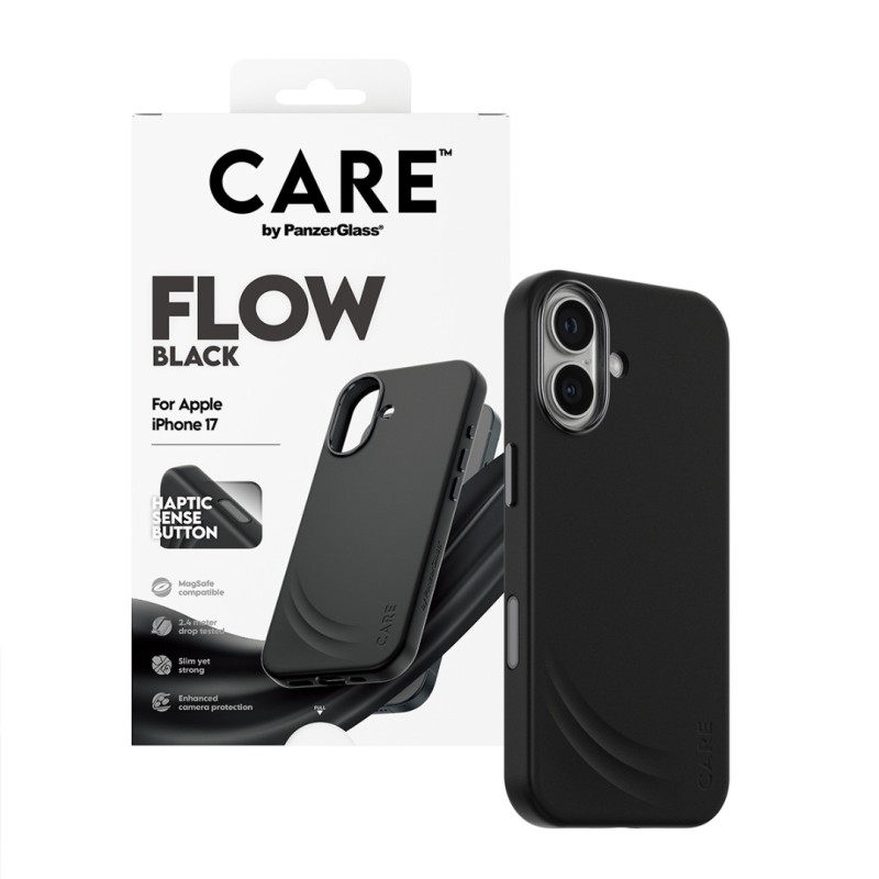 Гръб Care by PanzerGlass за iPhone 17, FLOW Case w haptic button - Черен - Калъфи за iPhone 17 | Phoneplay.bg