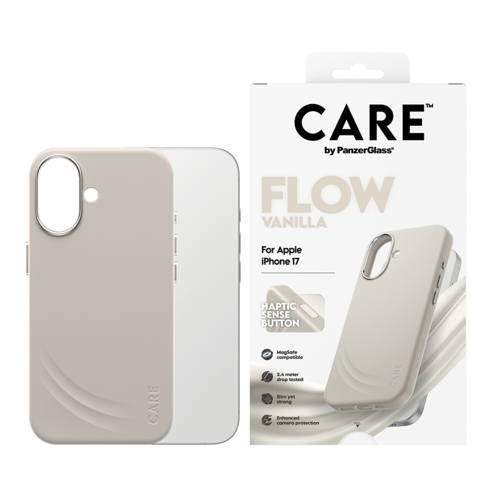 Гръб Care by PanzerGlass за iPhone 17, FLOW Case w haptic button - Vanilla - Калъфи за iPhone 17 | Phoneplay.bg