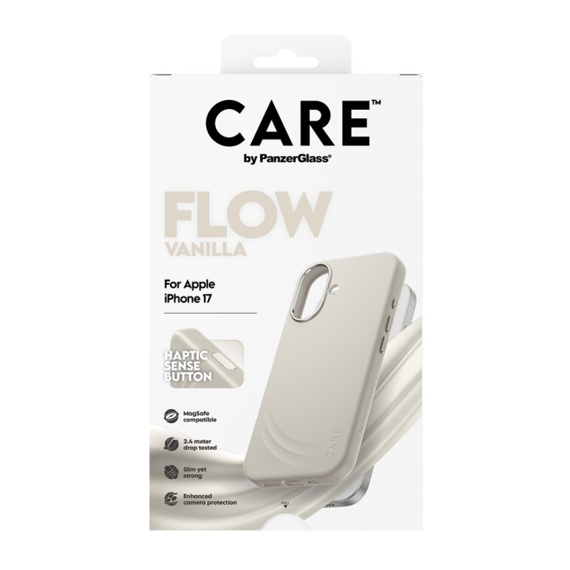 Гръб Care by PanzerGlass за iPhone 17, FLOW Case w haptic button - Vanilla - Калъфи за iPhone 17 | Phoneplay.bg