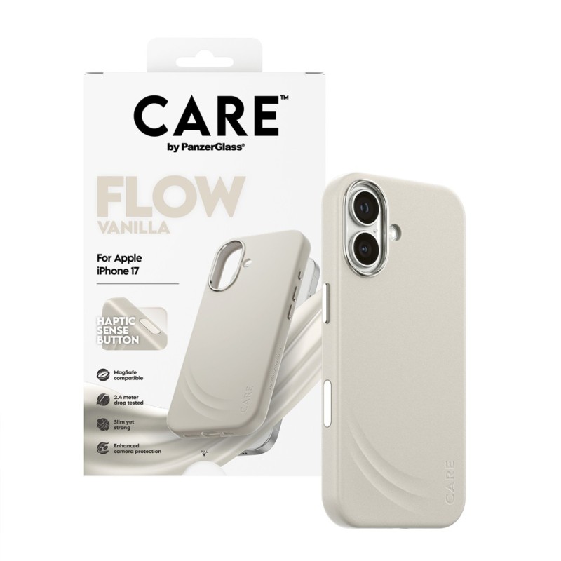 Гръб Care by PanzerGlass за iPhone 17, FLOW Case w haptic button - Vanilla - Калъфи за iPhone 17 | Phoneplay.bg
