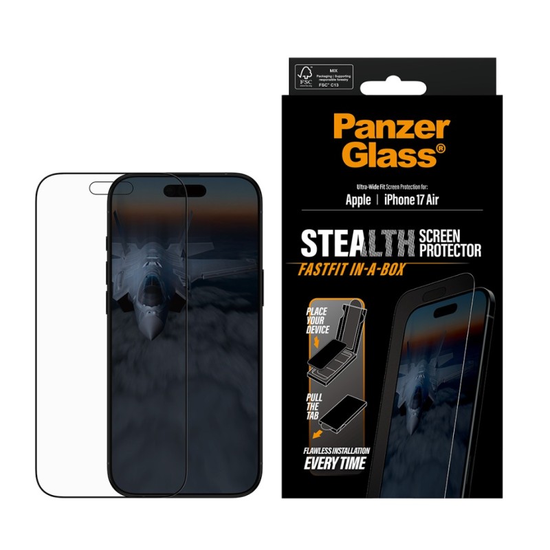 Стъклен протектор PanzerGlass за iPhone 17 Air, Stealth, UWF, инсталационен бокс, w. Black Frame - Протектор за iPhone 17 | Phoneplay.bg