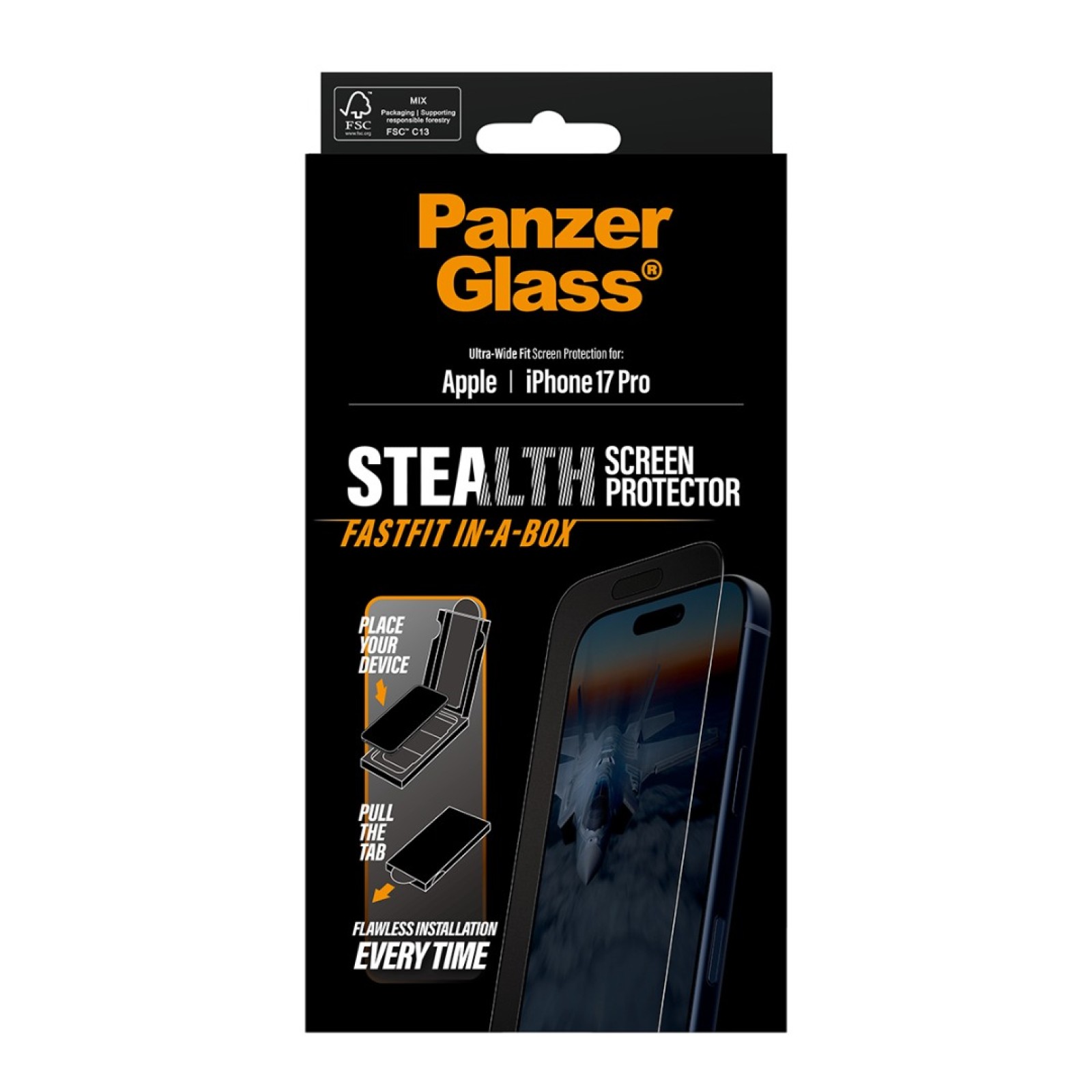 Стъклен протектор PanzerGlass за iPhone 17 Pro / 18 Pro, Stealth, UWF, инсталационен бокс, w. Black Frame | Phoneplay.bg